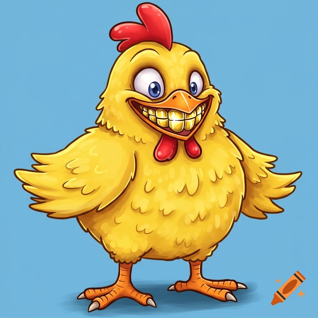 A cartoon chicken smiling and showing off gold teeth.