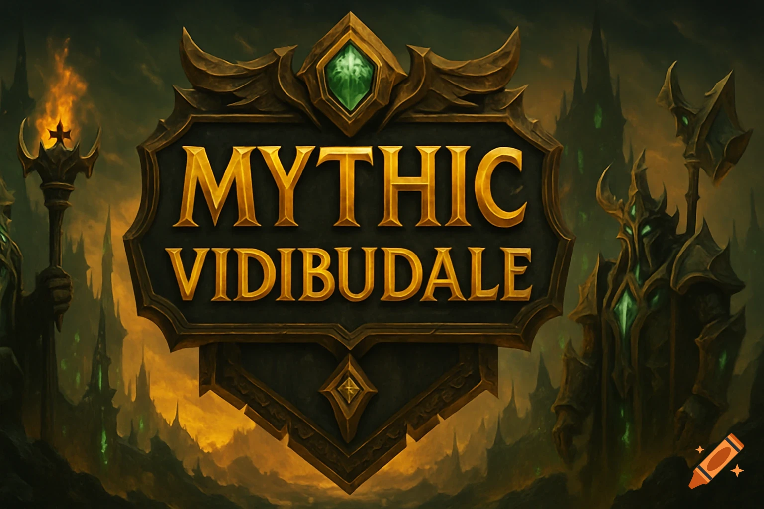 Fantasy gaming banner with MYTHIC VIDIBUDALE text, armored knights, and castle background.