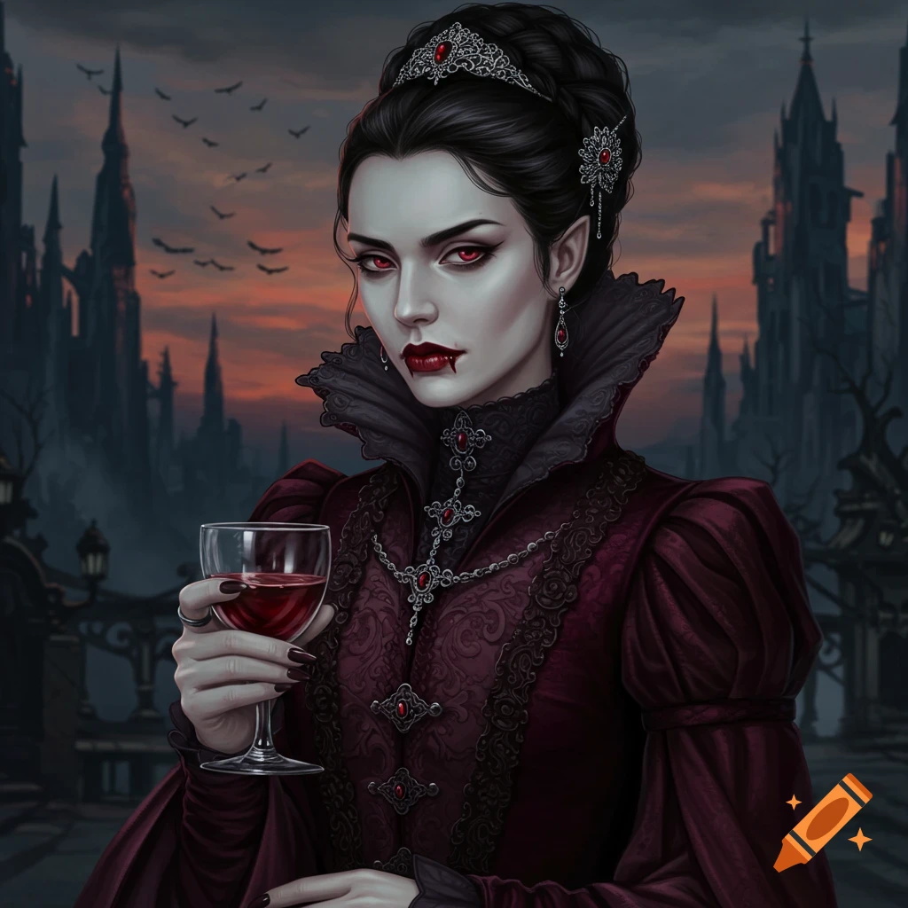 Portrait of a regal female vampire in gothic attire holding a glass, with a castle and bats in the background.