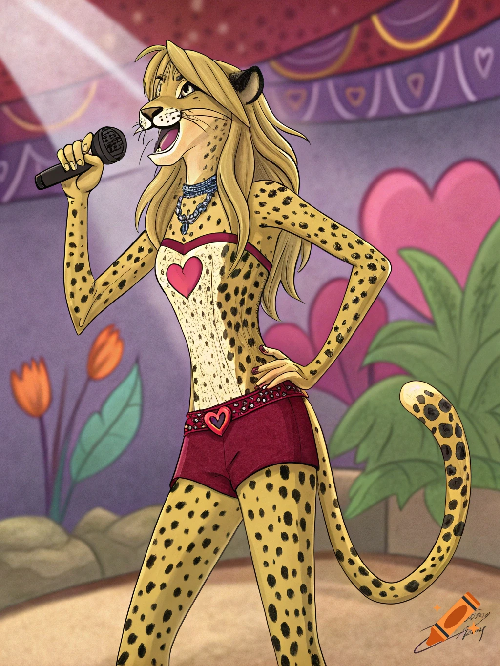An anthropomorphic cheetah character with blonde hair, wearing a sparkly top and red shorts, sings into a microphone on a stage.