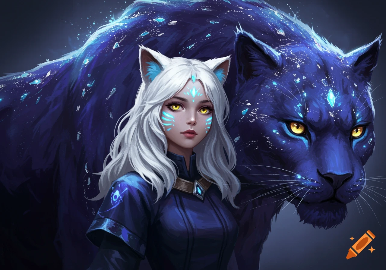 A fantasy portrait of a girl with white hair and blue cat ears standing next to a glowing blue panther.