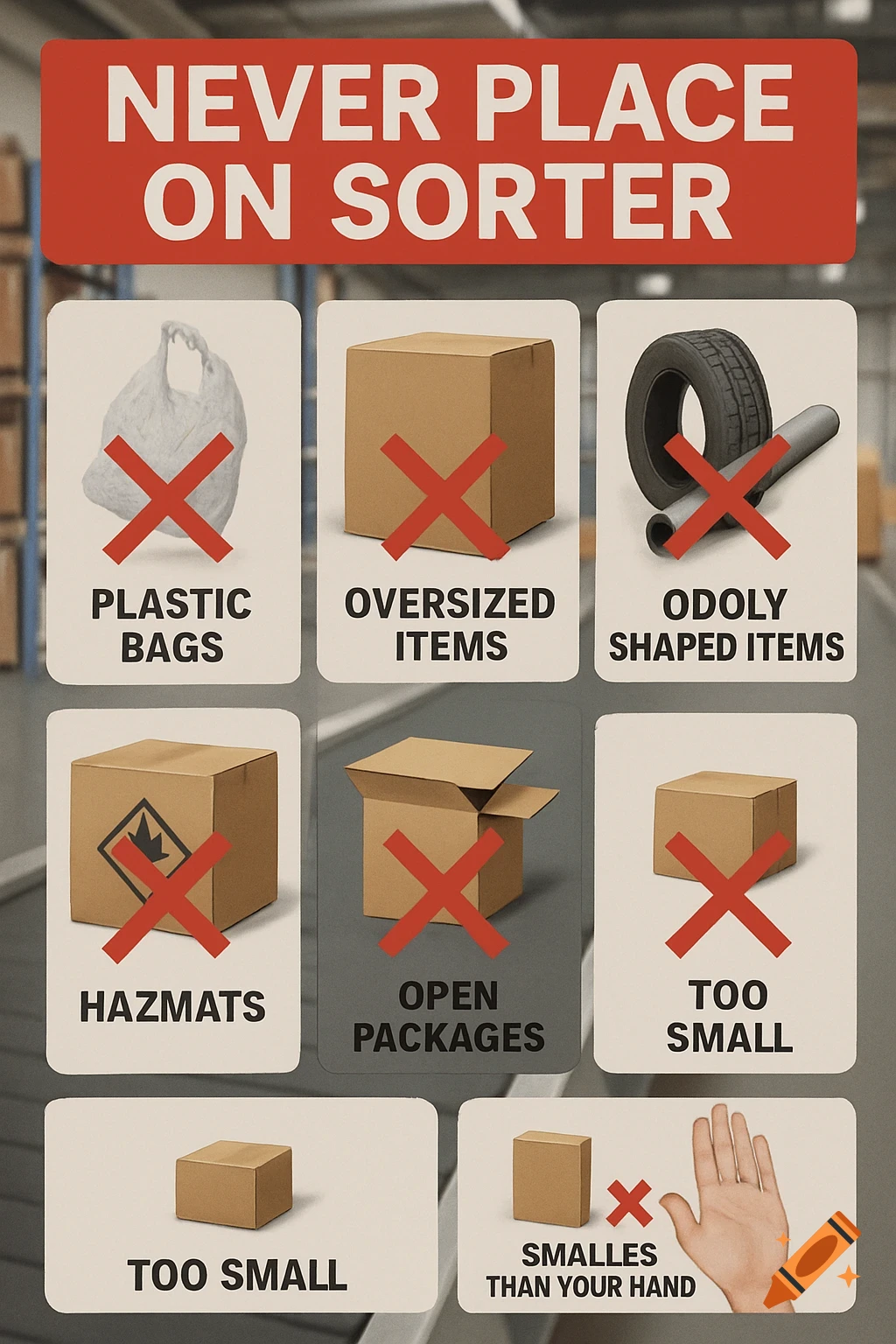 Safety poster listing items not allowed on a sorter belt: plastic bags, oversized/oddly shaped items, hazmats, open/small packages.