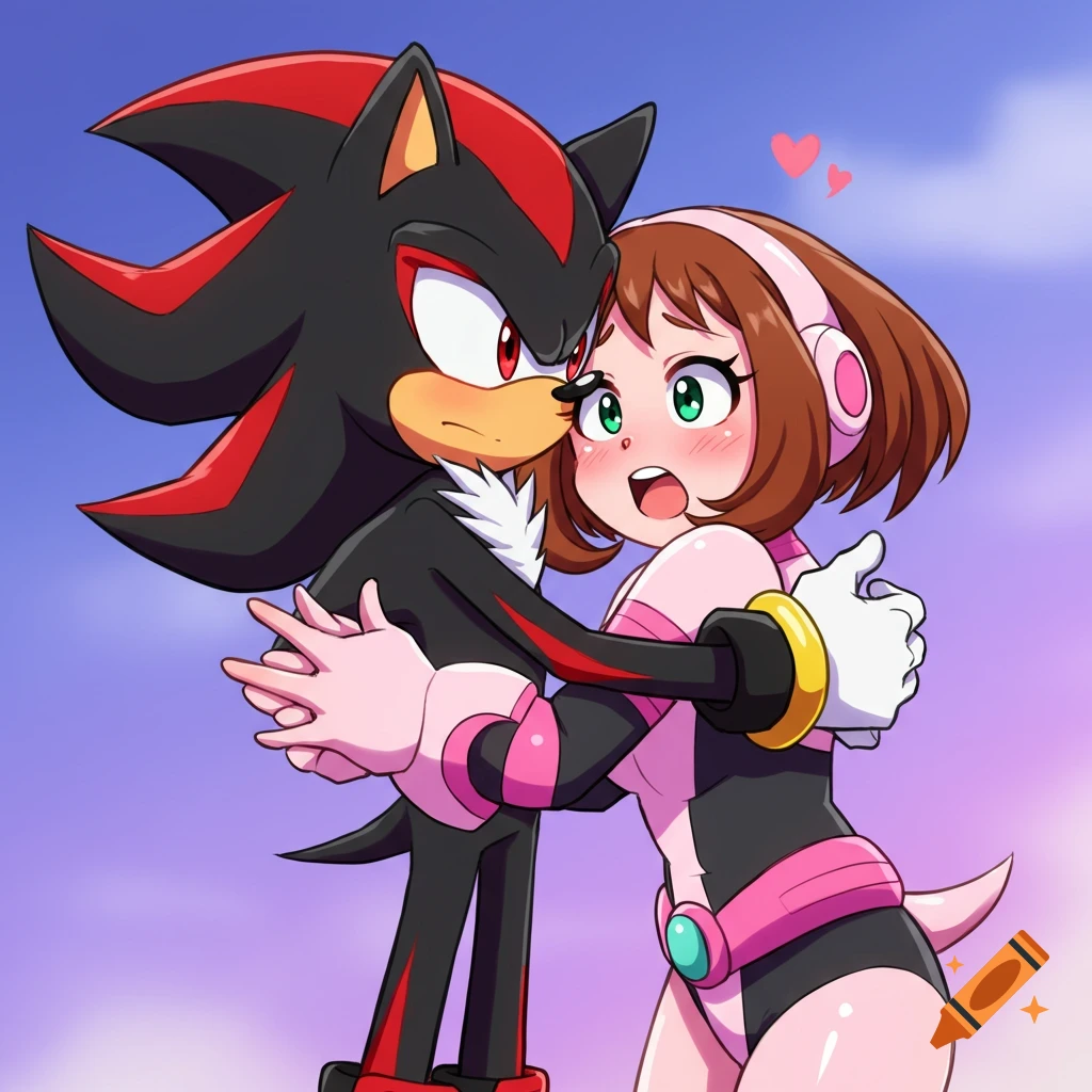 Shadow the Hedgehog and Ochaco Uraraka hugging in an anime style.