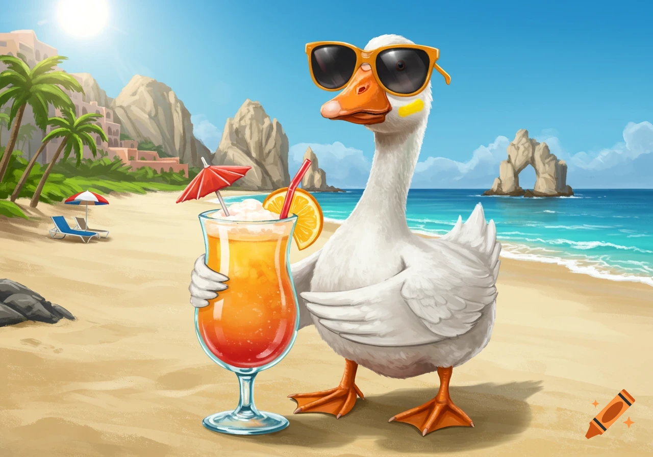 A cartoon goose wearing sunglasses stands on a beach holding a drink.