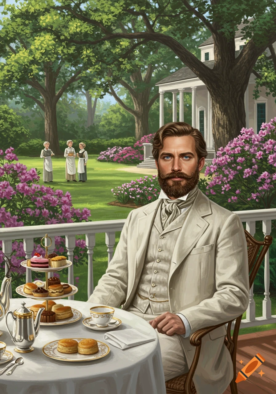 An illustration of a man in historical southern attire sitting on a porch having tea, with servants in a garden background.