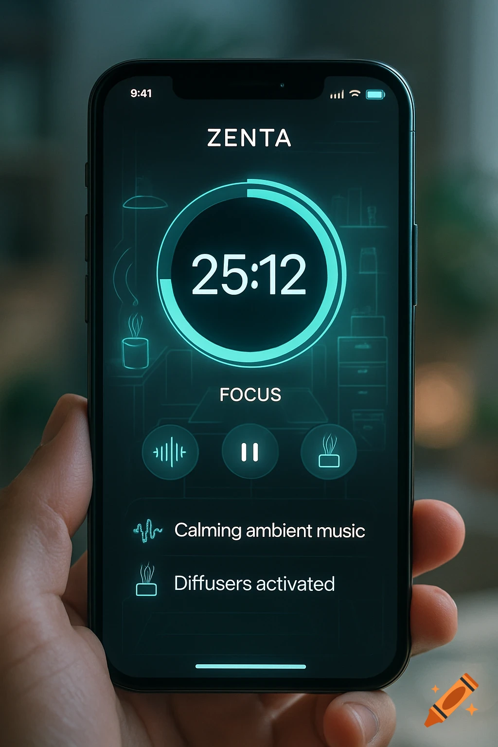 A hand holds a smartphone showing a focus app interface with timer and feature options.
