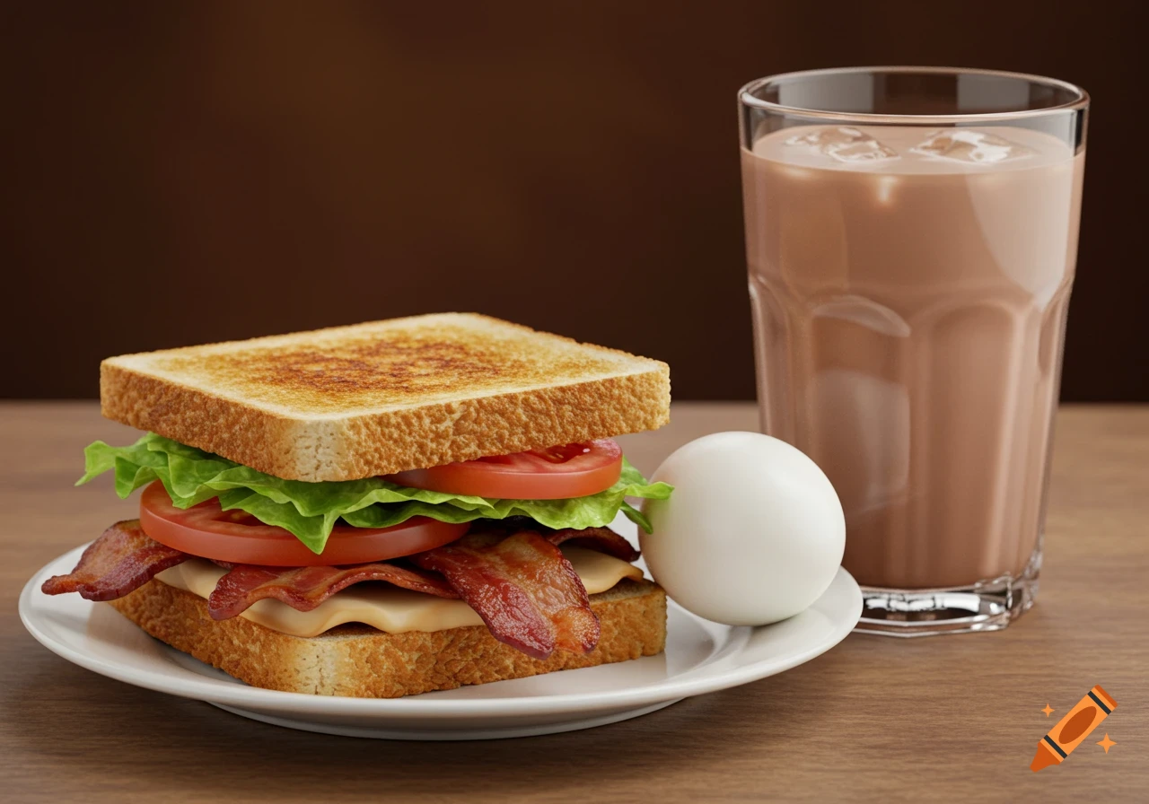 BLT sandwich on a plate with a hard-boiled egg and a glass of chocolate milk.