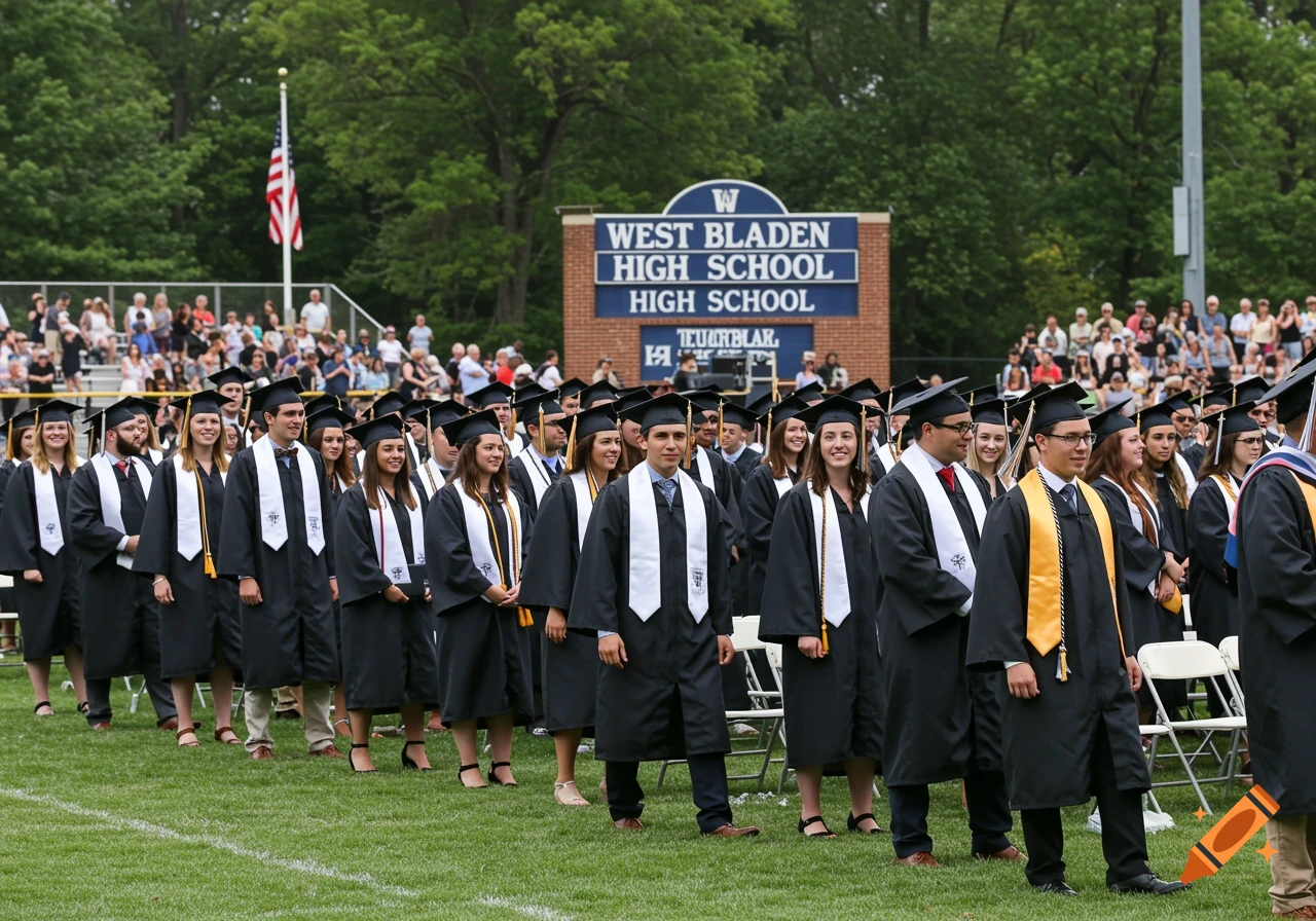 Graduates in caps and gowns walk on a field towards a school building during a ceremony.