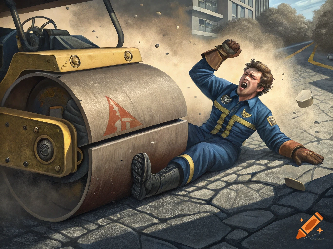 Illustration of a man being crushed by a steamroller on a city street.
