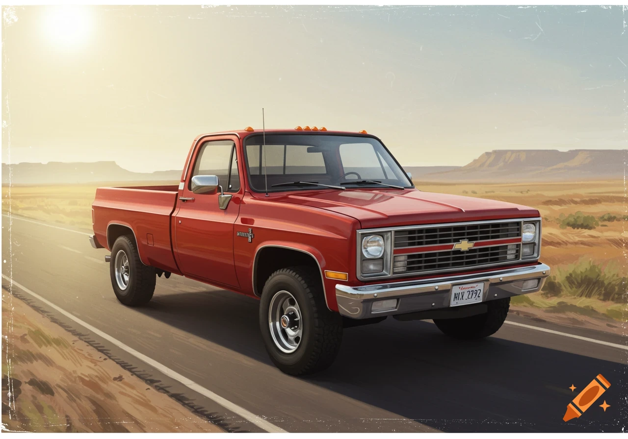 A red classic Chevrolet pickup truck drives on a desert road towards the sun.