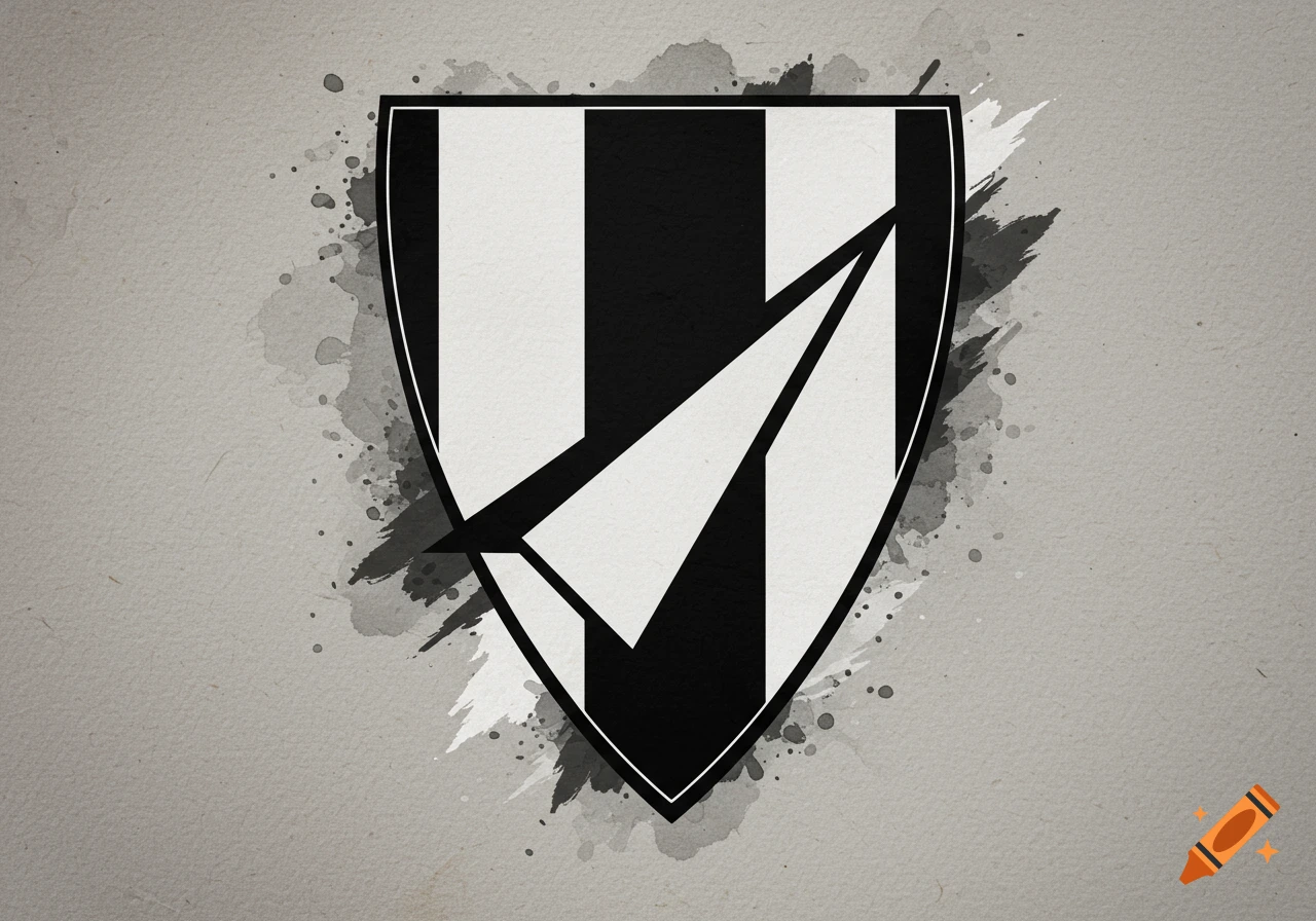 Black and white striped shield logo with white arrowhead shape ...