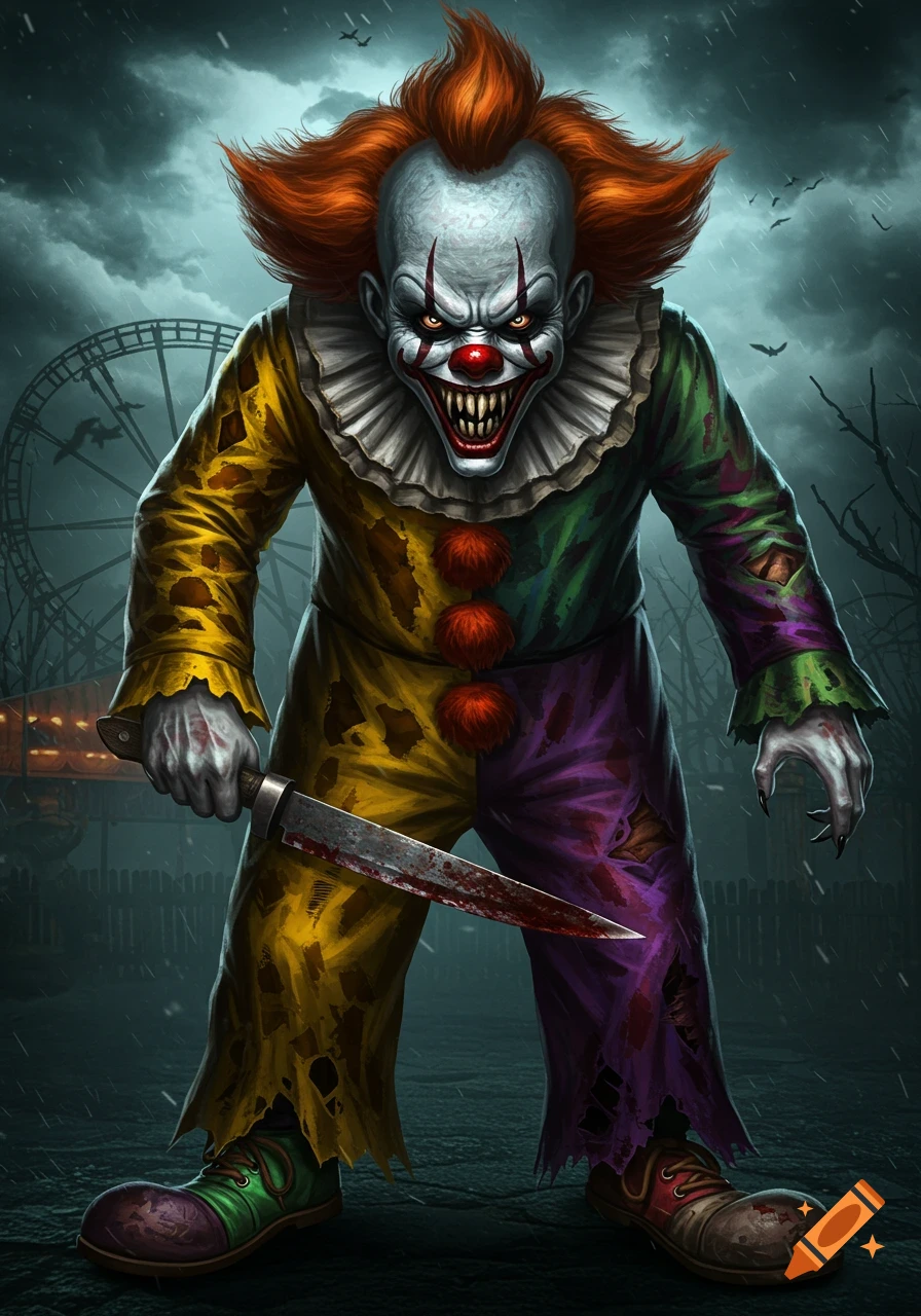 A scary clown with a bloody knife stands in front of a ferris wheel under a stormy sky.