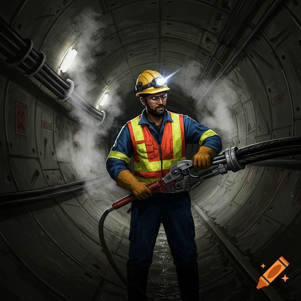 A man in a hard hat and reflective vest works with large cables in a dark tunnel.