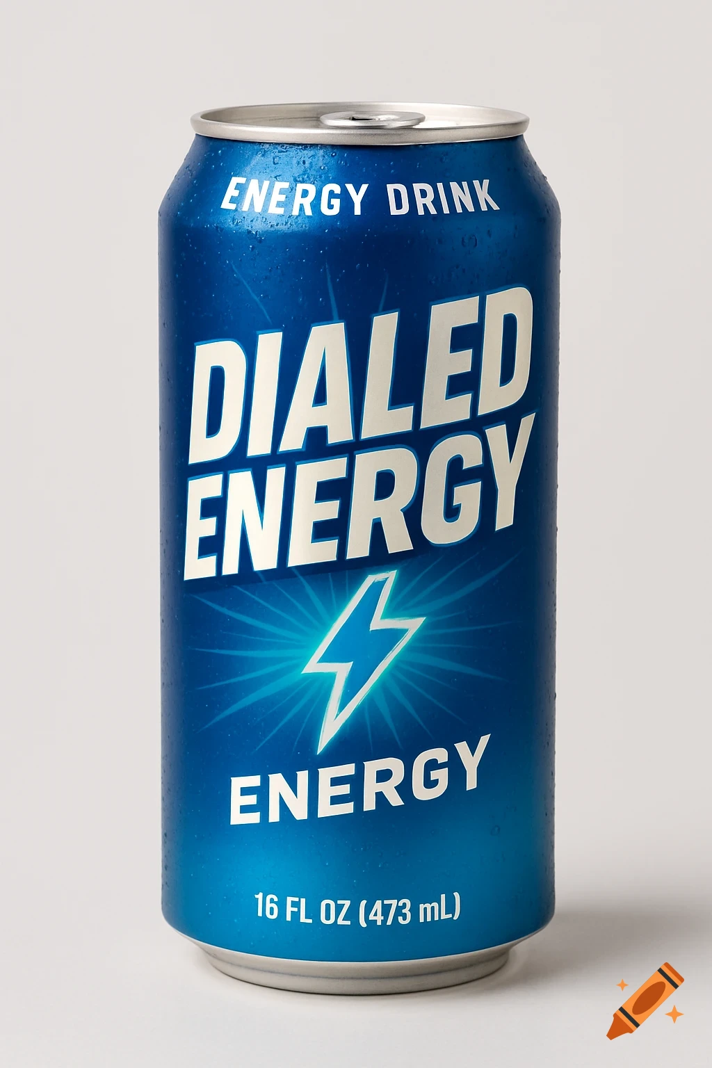 Close-up photo of a blue Dialed Energy drink can with water droplets on a white background.
