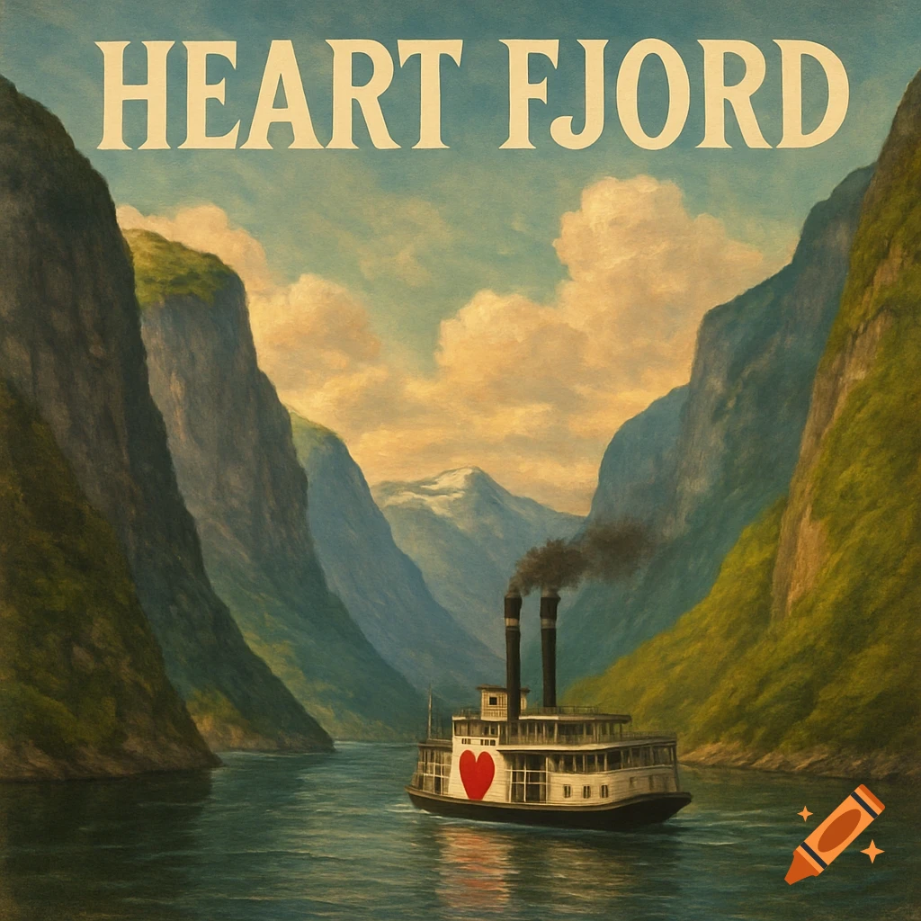 Painterly scene of a steamboat with a heart in a fjord, with HEART FJORD text.