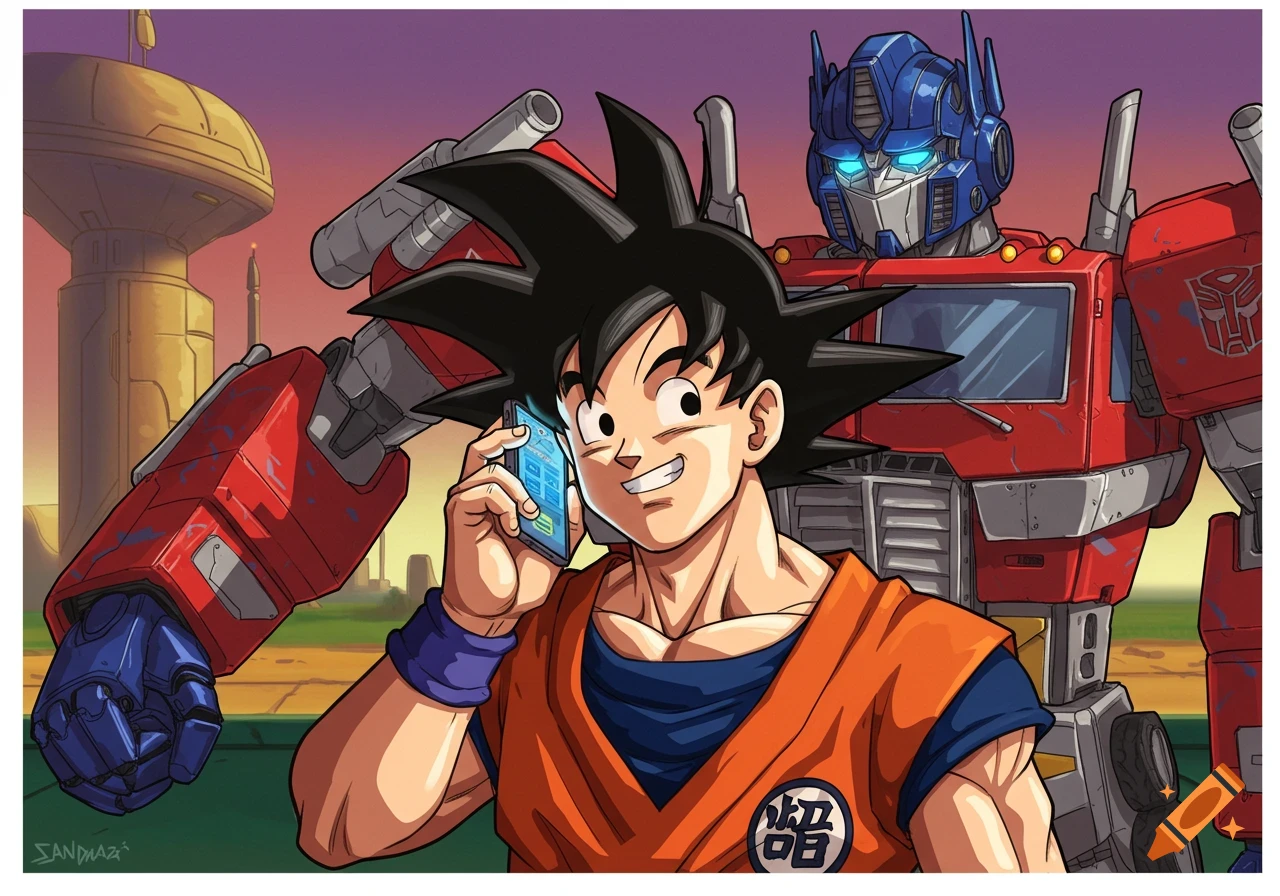 Goku talks on a smartphone with Optimus Prime standing behind him in an outdoor setting.