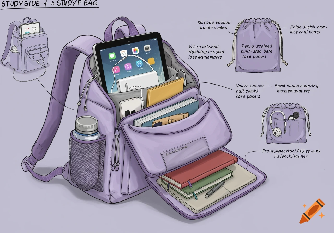 Illustration of a purple backpack open, showing an iPad, books, power bank, water bottle, and pouches for study supplies.
