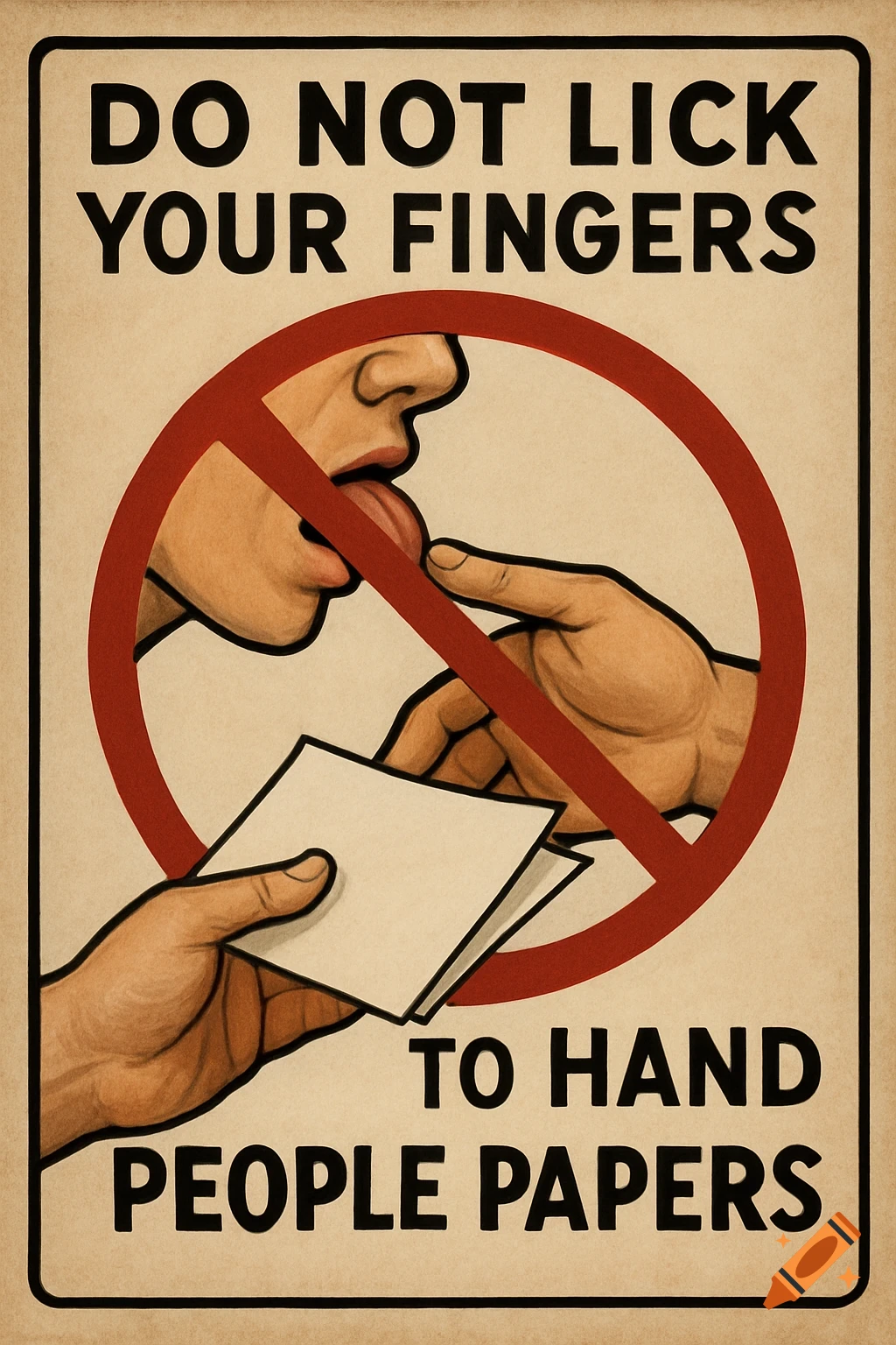 A vintage-style warning sign illustration shows one person licking their finger before handing papers to another person, with a red prohibition circle over the action. The text reads: DO NOT LICK YOUR FINGERS TO HAND PEOPLE PAPERS.