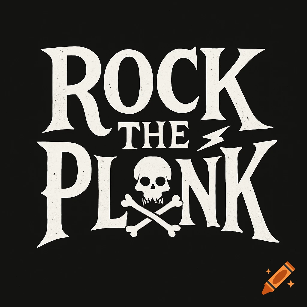 White 'ROCK THE PLANK' logo with skull and crossbones, lightning bolt, and distressed texture on black background.