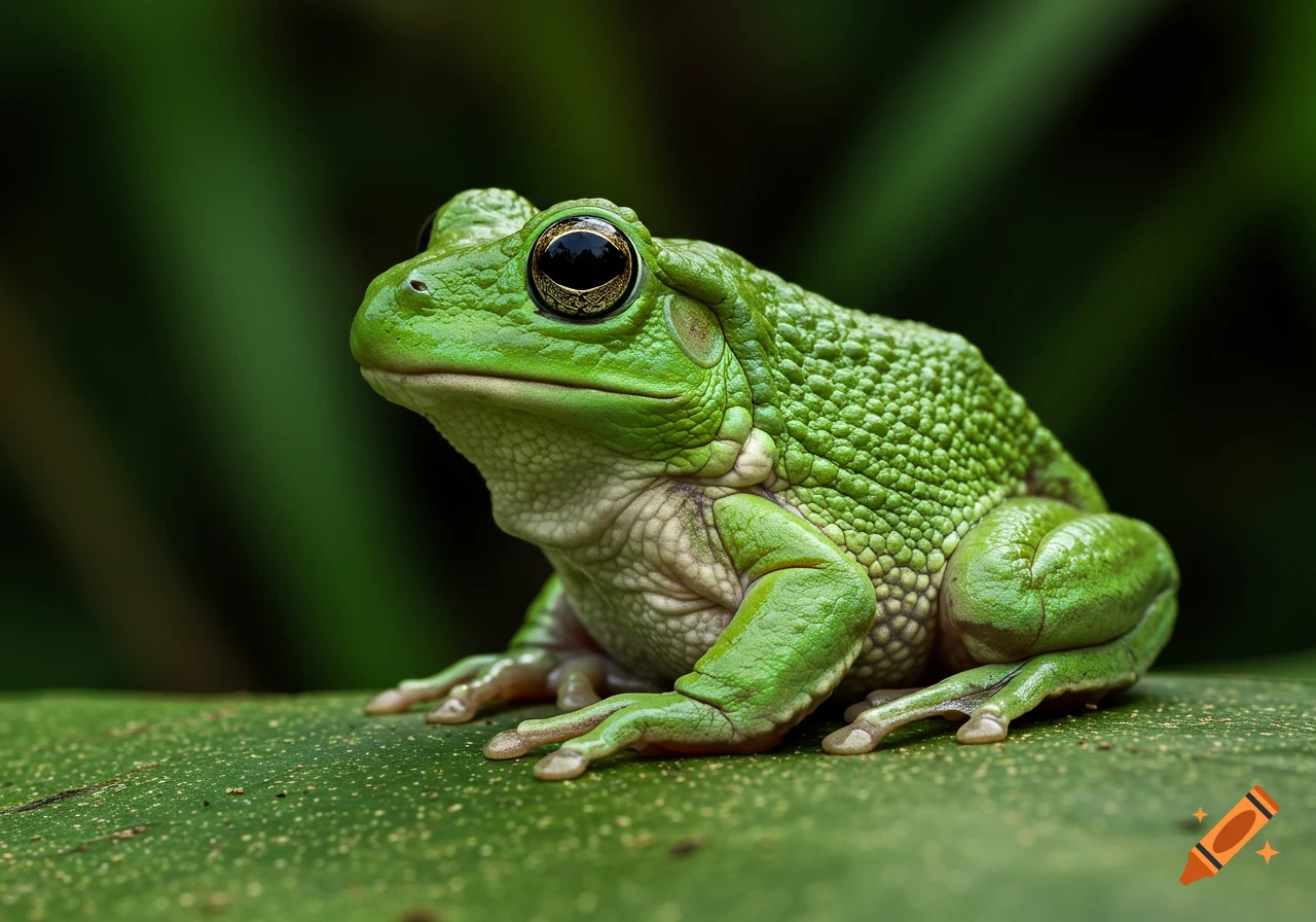 Close-up of a green frog sitting on a leaf.
