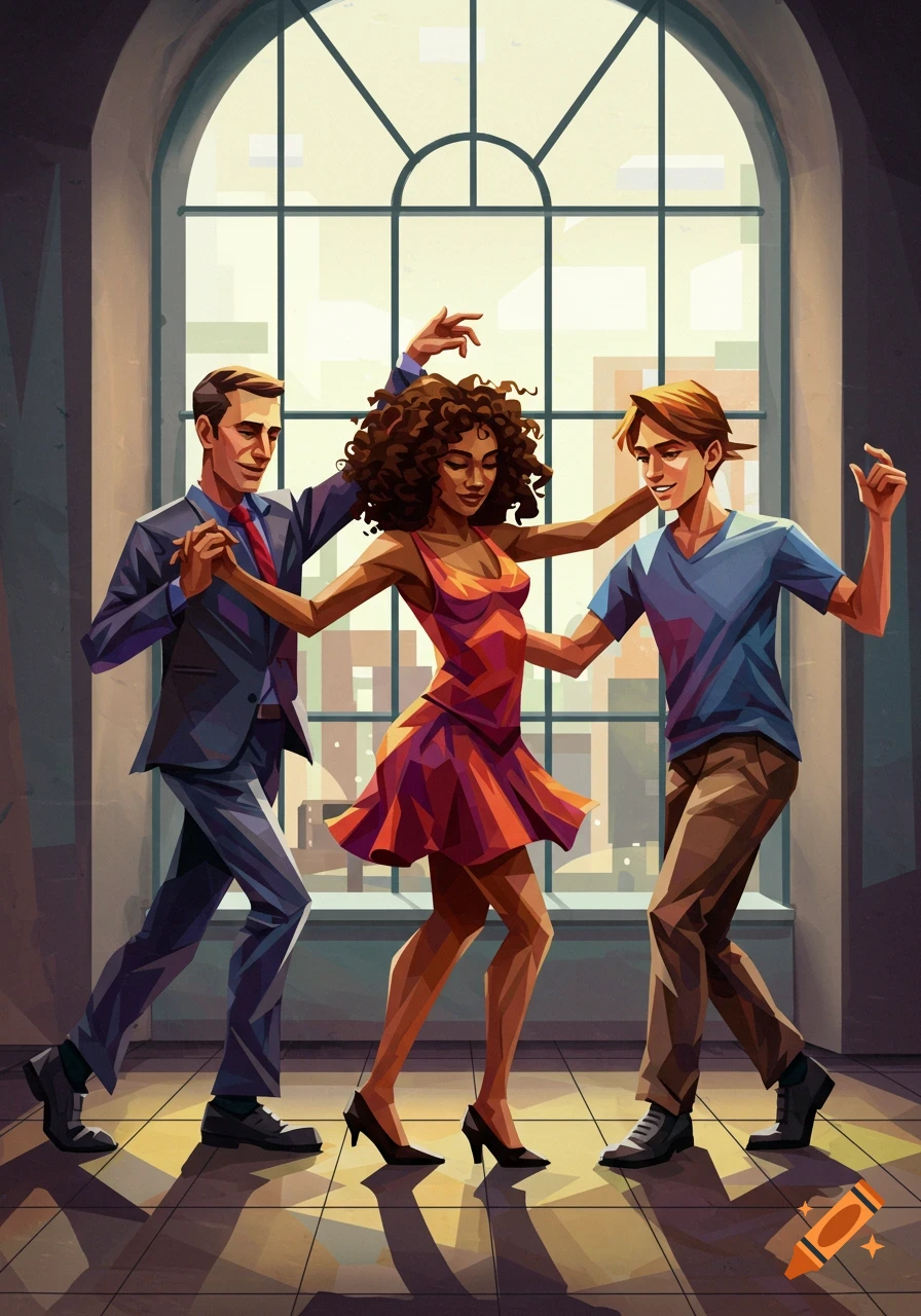 Synthetic cubist painting of three people dancing in front of a large window.