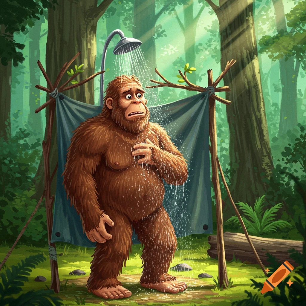 Cartoon illustration of Bigfoot taking a shower in a forest.