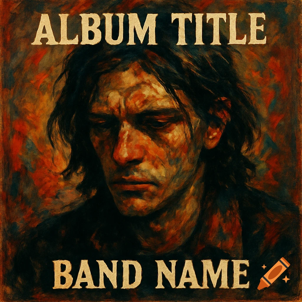 Album cover with a pensive portrait of a person in a dark, painterly style, with text that says 'ALBUM TITLE' and 'BAND NAME'.