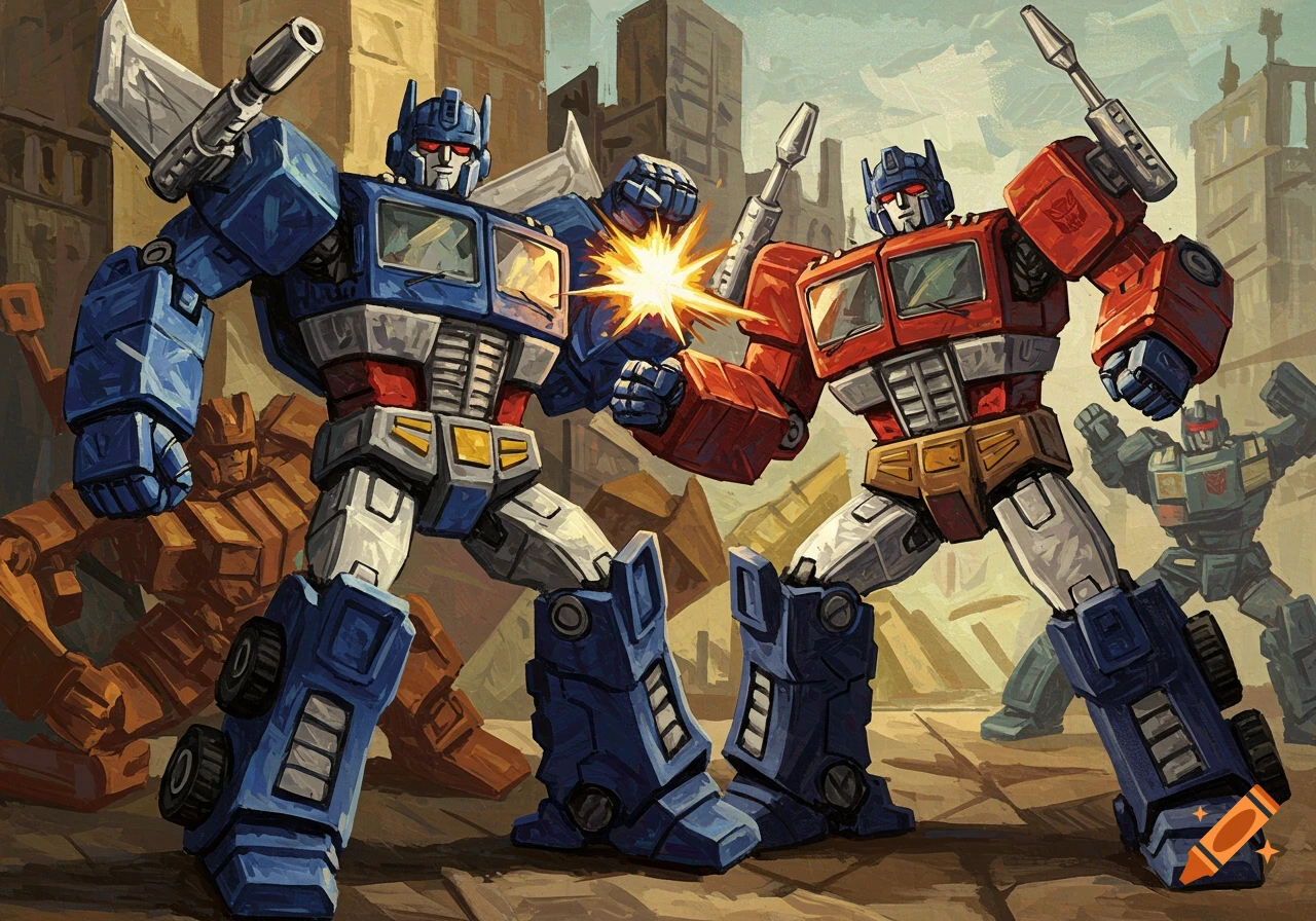 Optimus Prime and Ultra Magnus fight in a ruined city in a stylized painting.