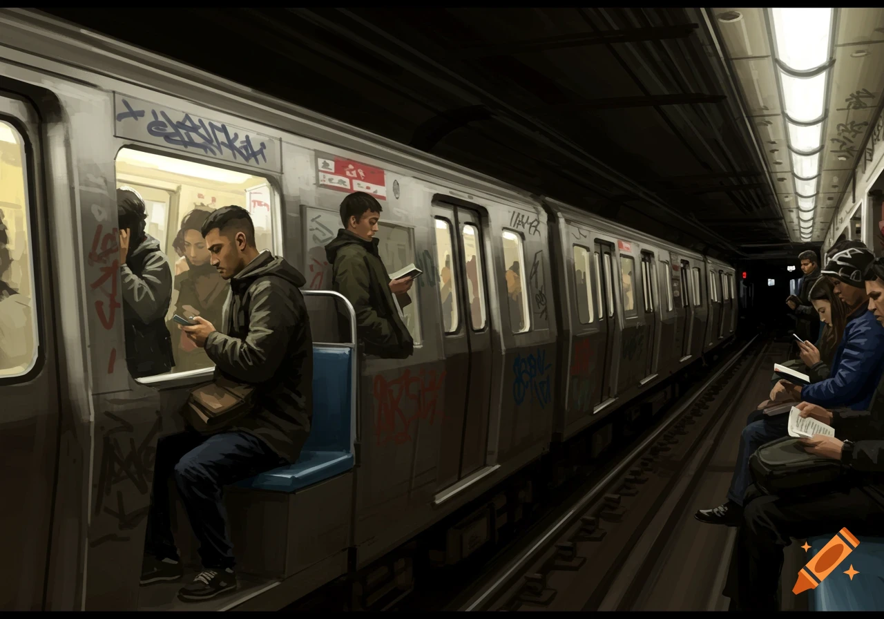 Painterly illustration of a subway train pulling into a dark station with passengers.