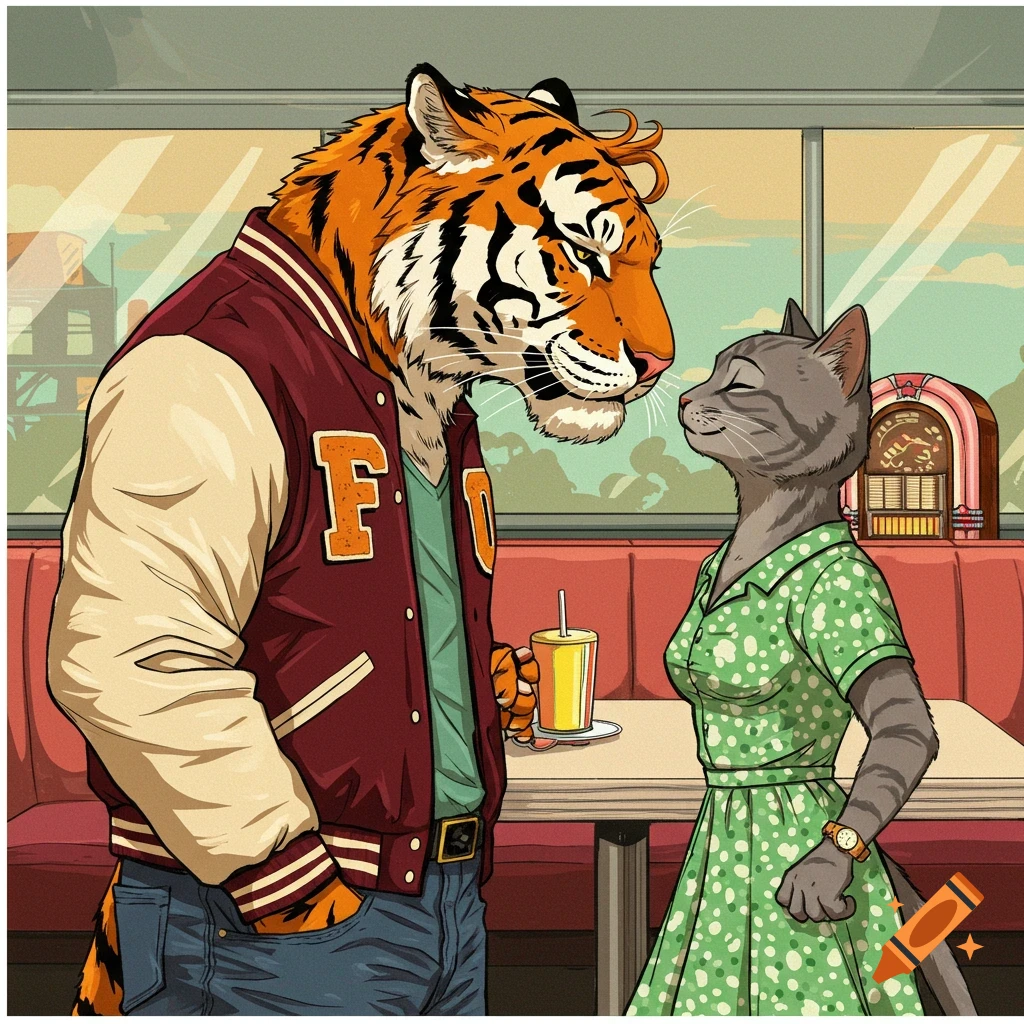 An anthropomorphic tiger in a letterman jacket looks at a gray cat in a green 1950s dress inside a diner booth.