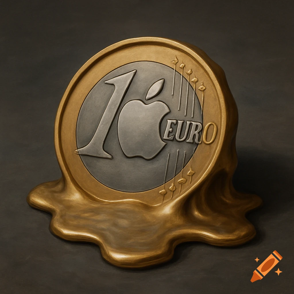A melting euro coin with an Apple logo.
