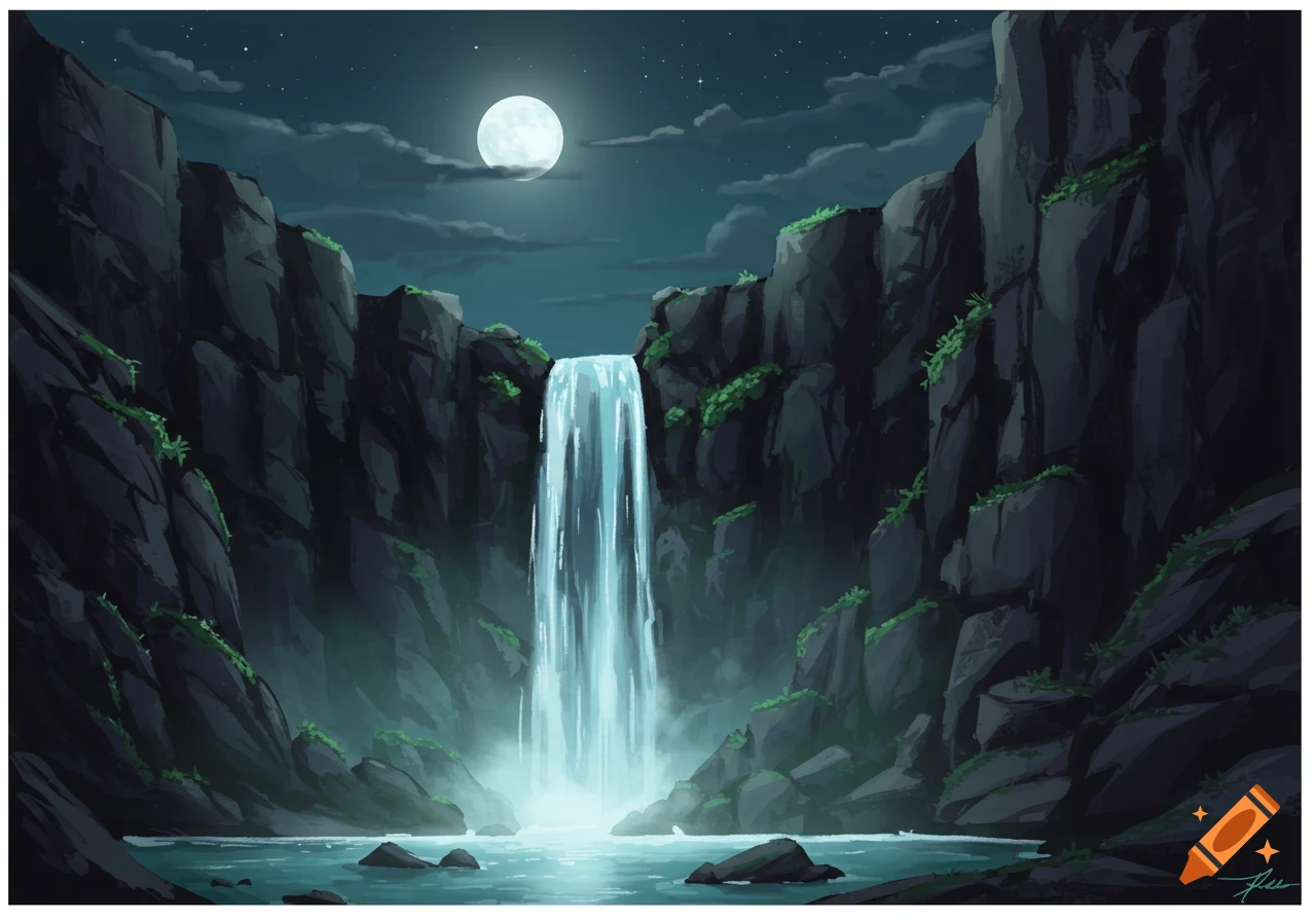 An illustration of a waterfall flowing between dark cliffs under a full moon at night.