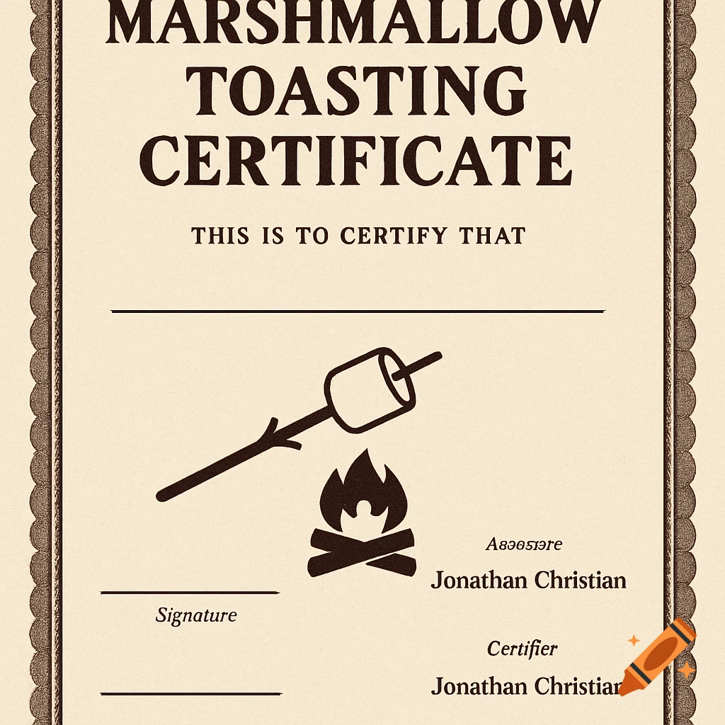 Marshmallow toasting certificate with illustration of marshmallow over campfire.