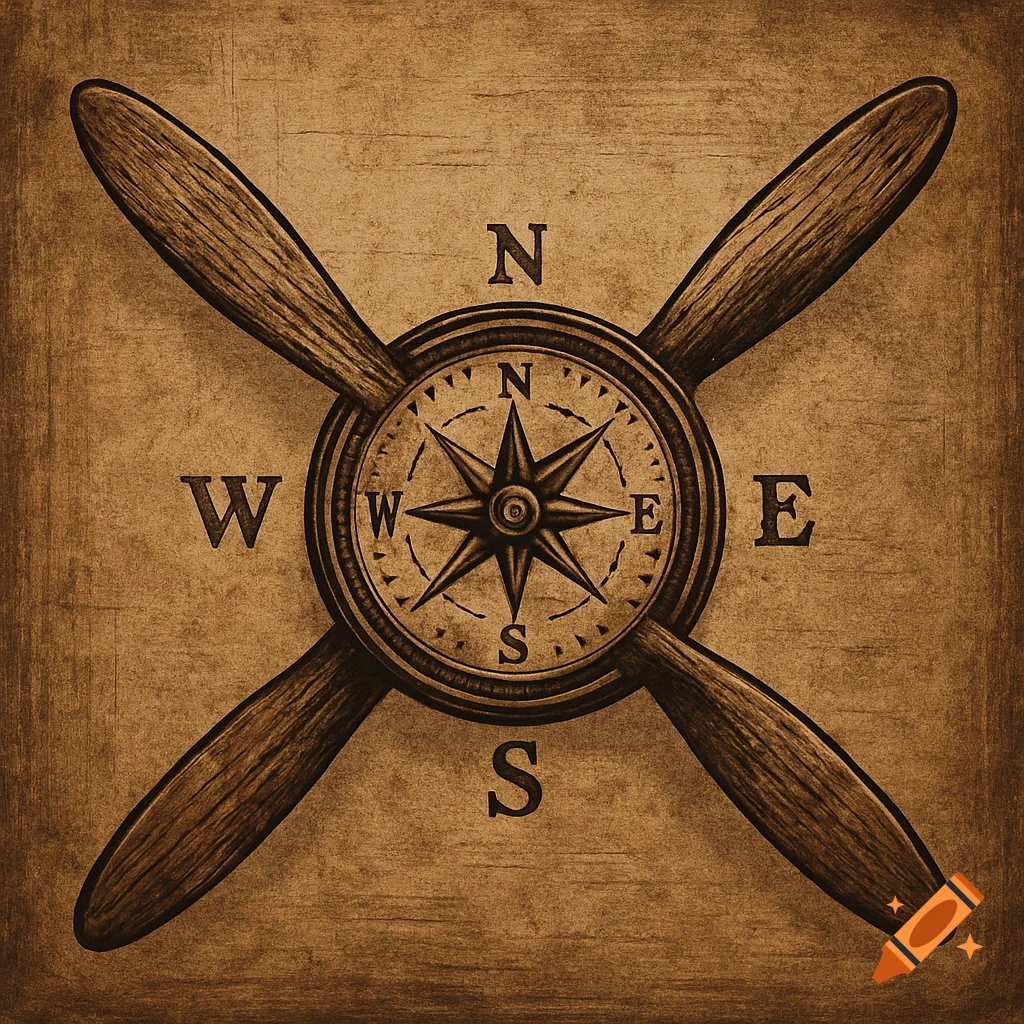 Rustic logo featuring a compass centered over crossed airplane propellers on a textured background.