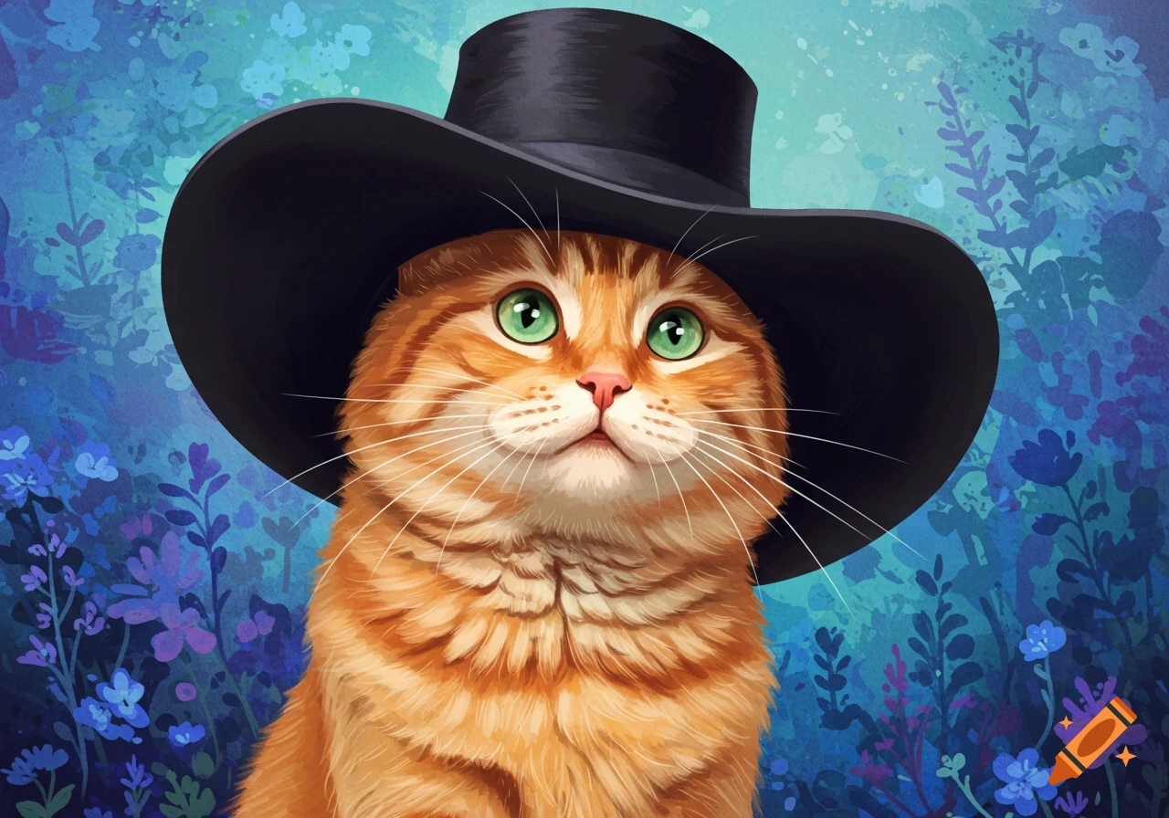 An orange cat with green eyes wears a black top hat against a blue, floral background.