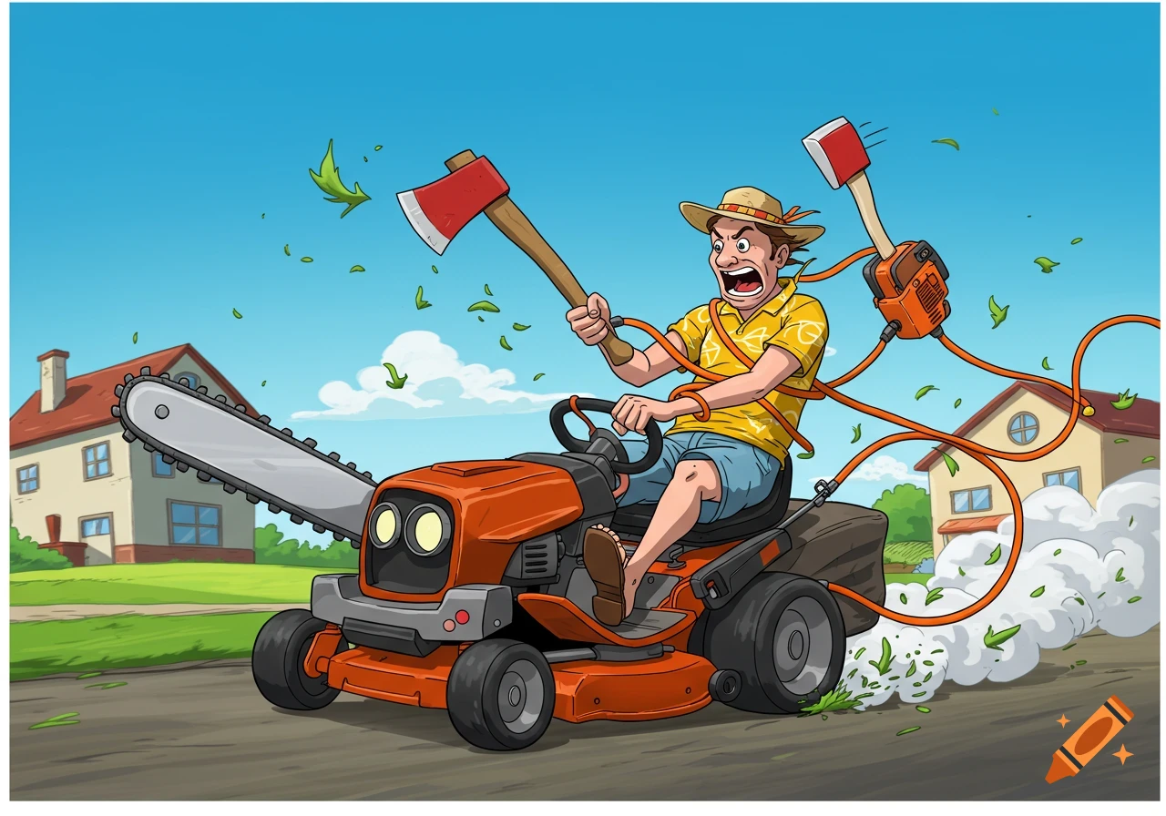 Cartoon man speeds on lawnmower with axe and chainsaw, tangled in cables, leaves flying.
