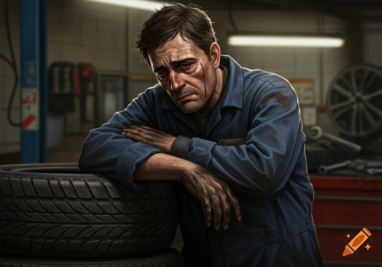 A sad mechanic in a blue jumpsuit leans on a stack of tires in a garage.