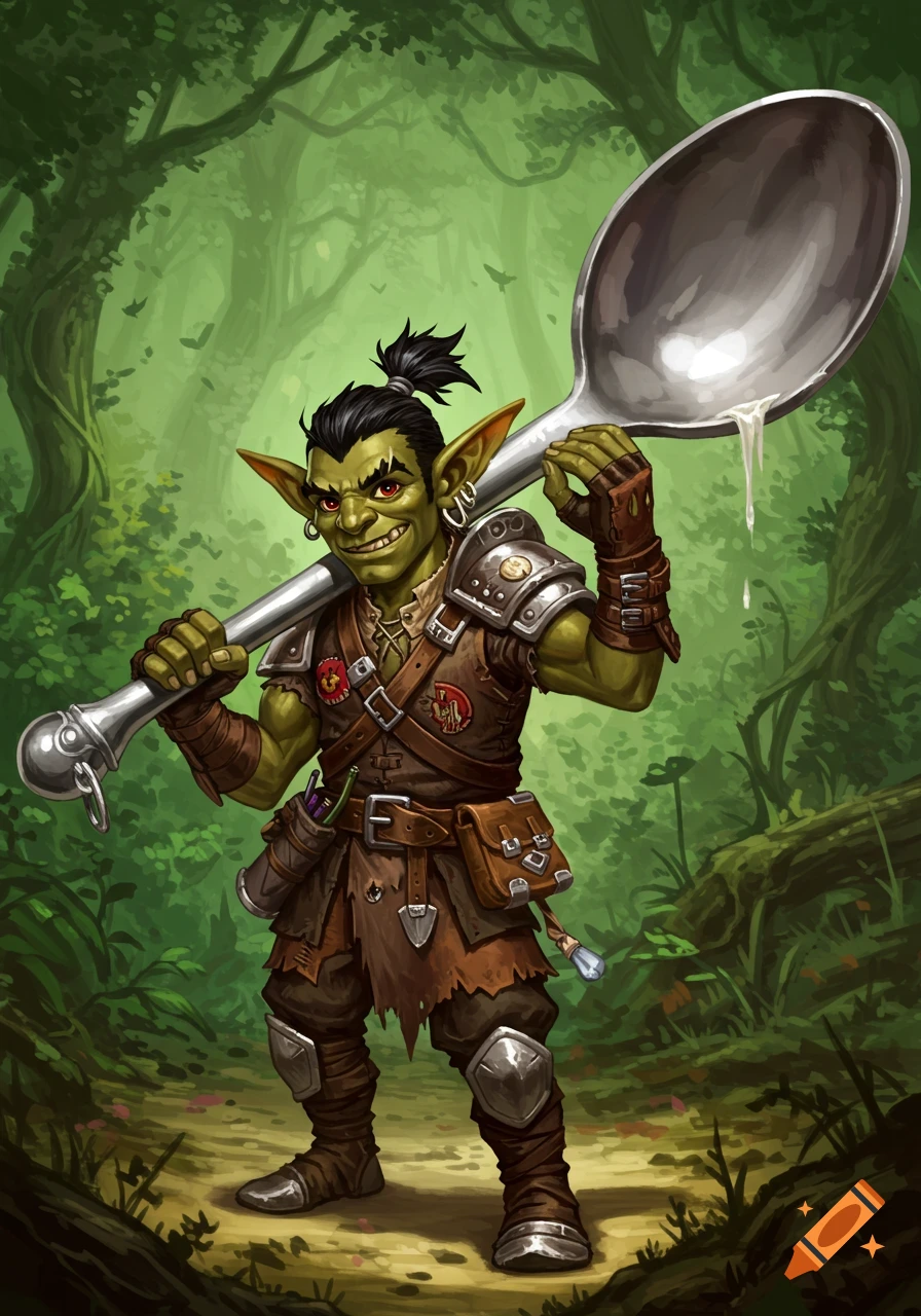A green-skinned goblin adventurer with a ponytail holds a giant spoon over his shoulder in a forest. Illustration.