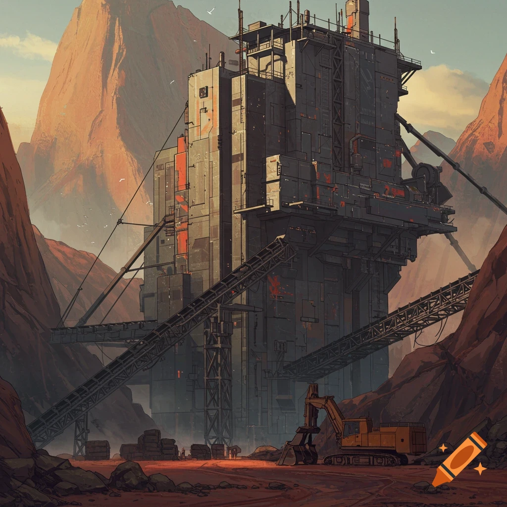 A large industrial mining facility in a desert canyon, with an excavator in the foreground. Digital art.