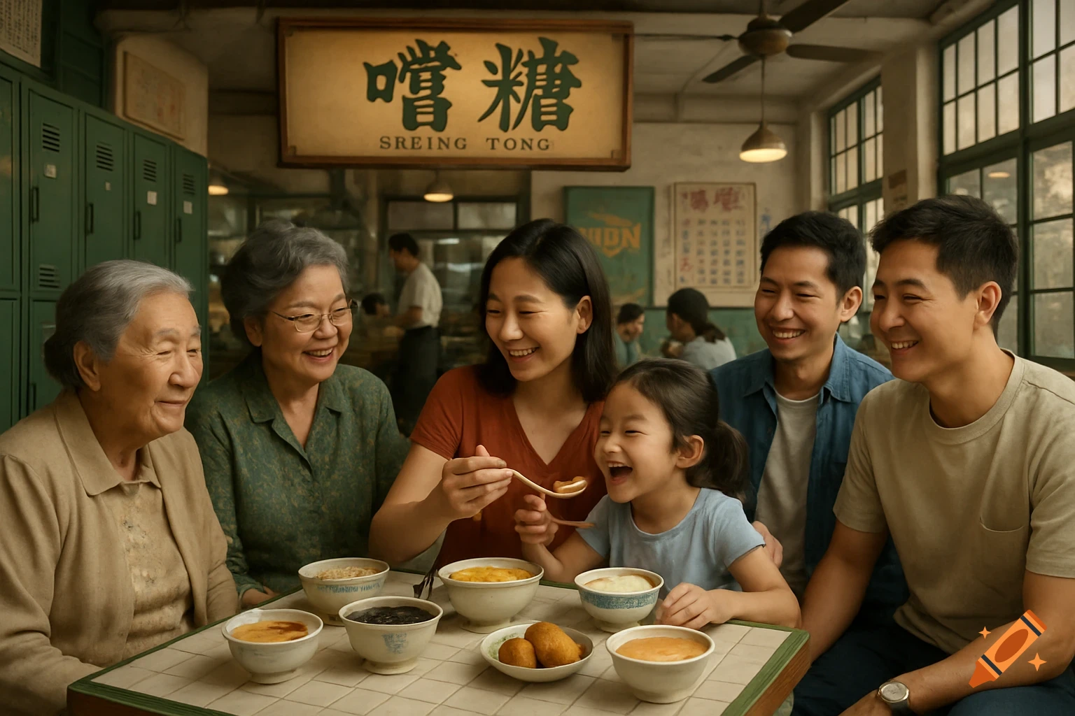 Photorealistic image of a multi-generational family eating desserts in an old Hong Kong shop.