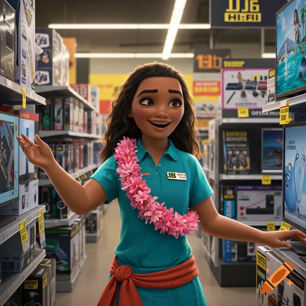 Moana character wearing a lei and teal shirt in an electronics store.