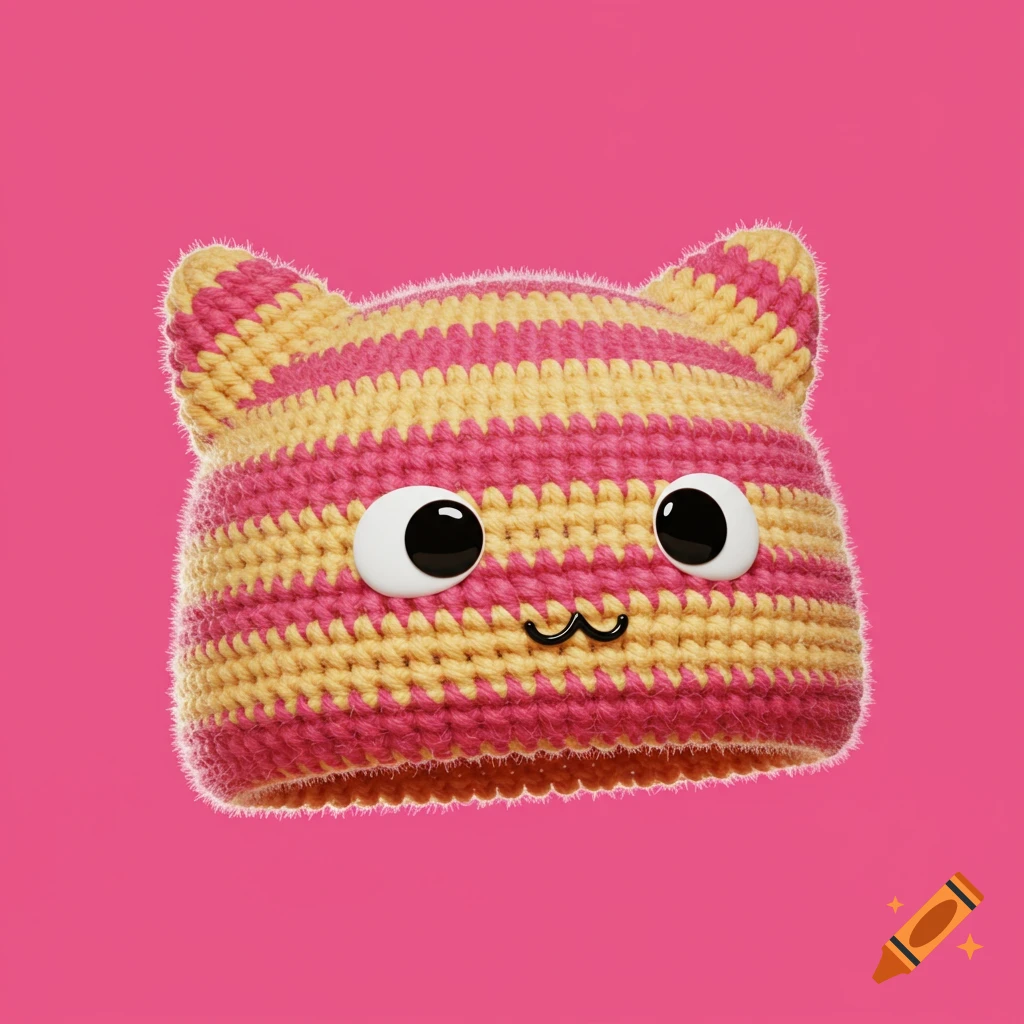 Pink and yellow striped crochet hat with cat ears and a cute face on a pink background.