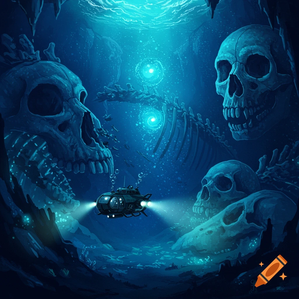 A small submarine explores a dark underwater cave among giant skulls and bones.