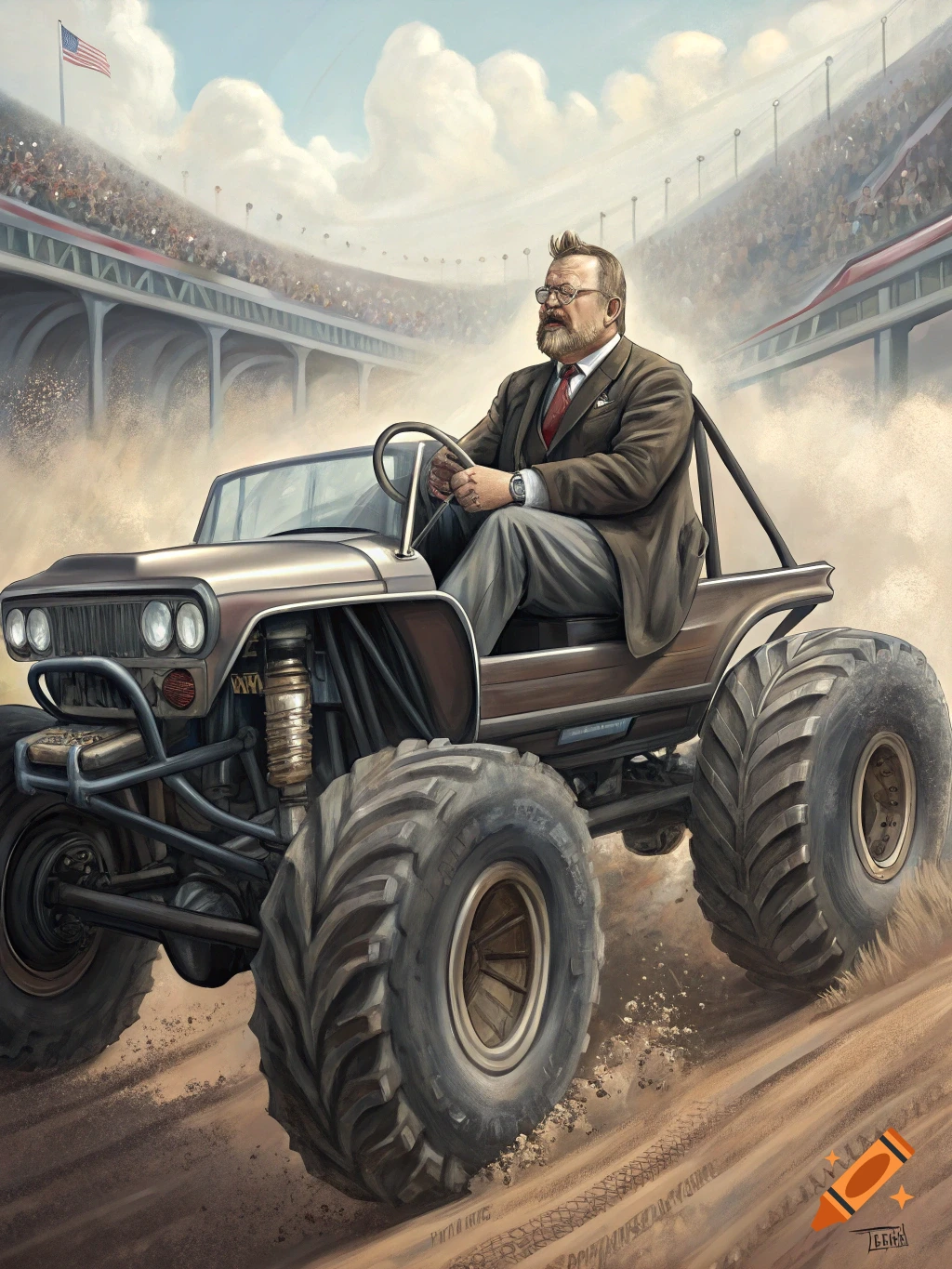 Man in a suit drives a monster truck on a dirt track with spectators in background, illustration style.