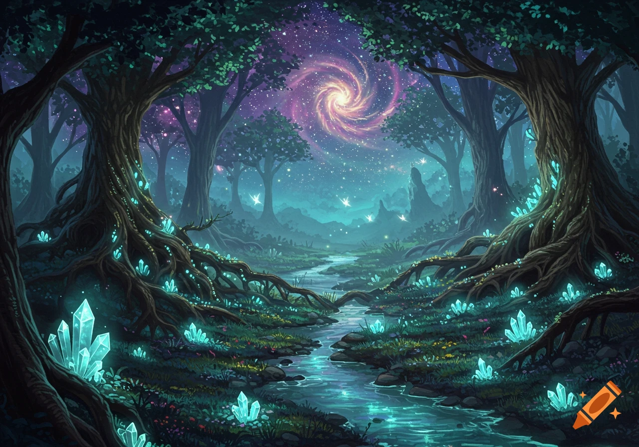 Enchanted forest with glowing crystals, a stream, and a galaxy sky. on ...