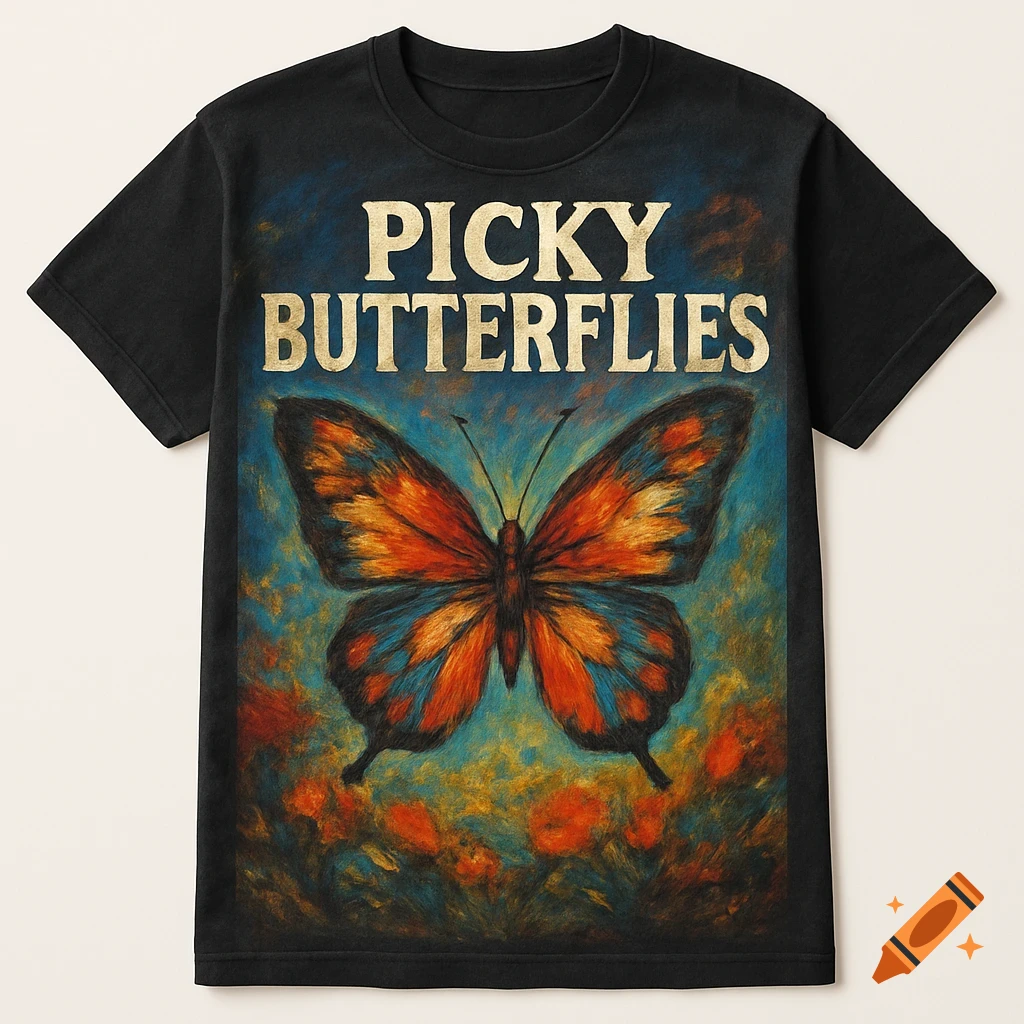 A black t-shirt featuring a painterly graphic of a colorful butterfly with the text 'PICKY BUTTERFLIES'.