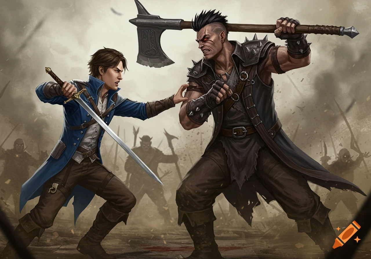 Two warriors duel with sword and axe in a fantasy battle scene