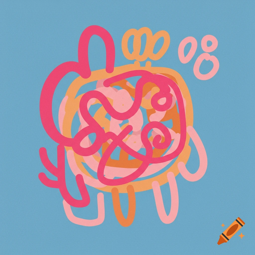 Abstract doodle of a turtle in pink and orange on blue background.