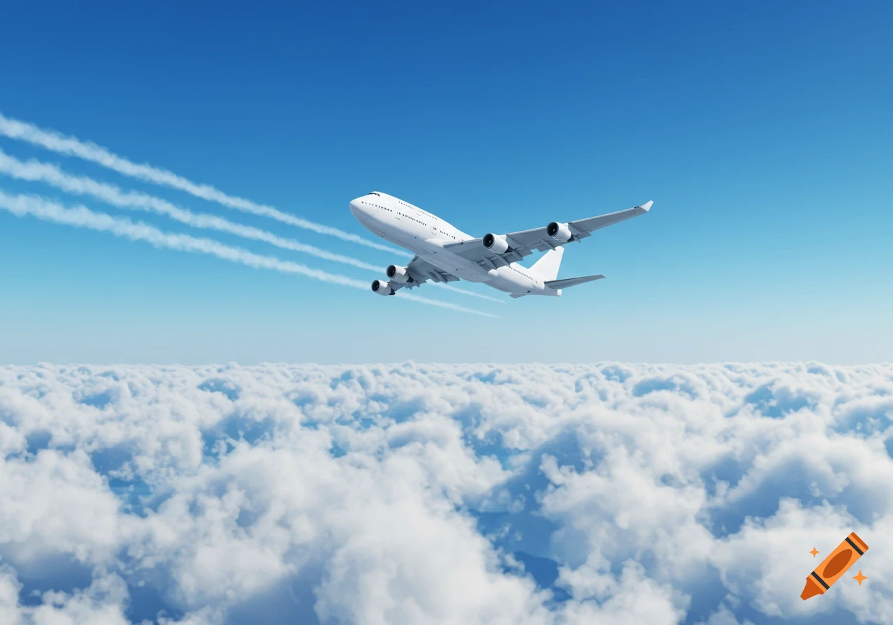 A white airplane flies high above a layer of fluffy clouds in a bright blue sky.
