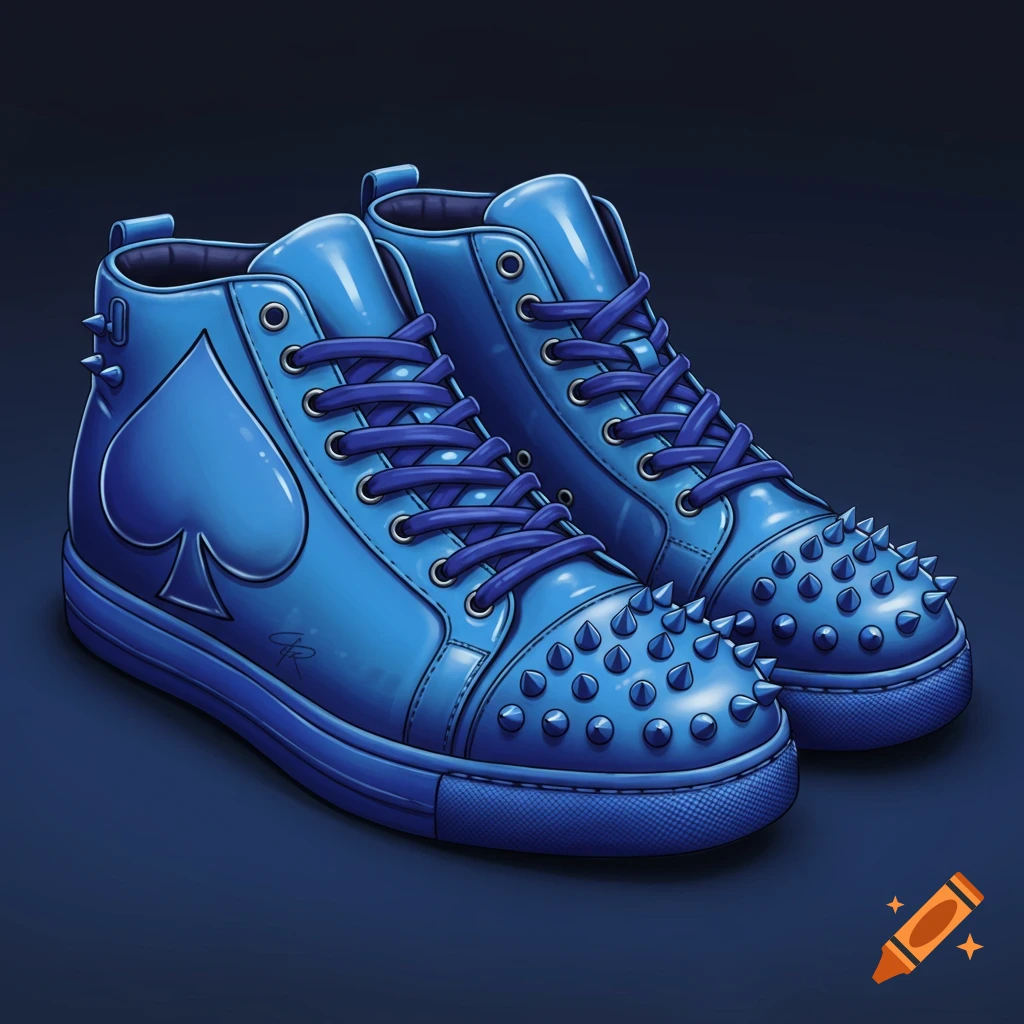 A pair of blue high-top sneakers with spade symbols and spikes.